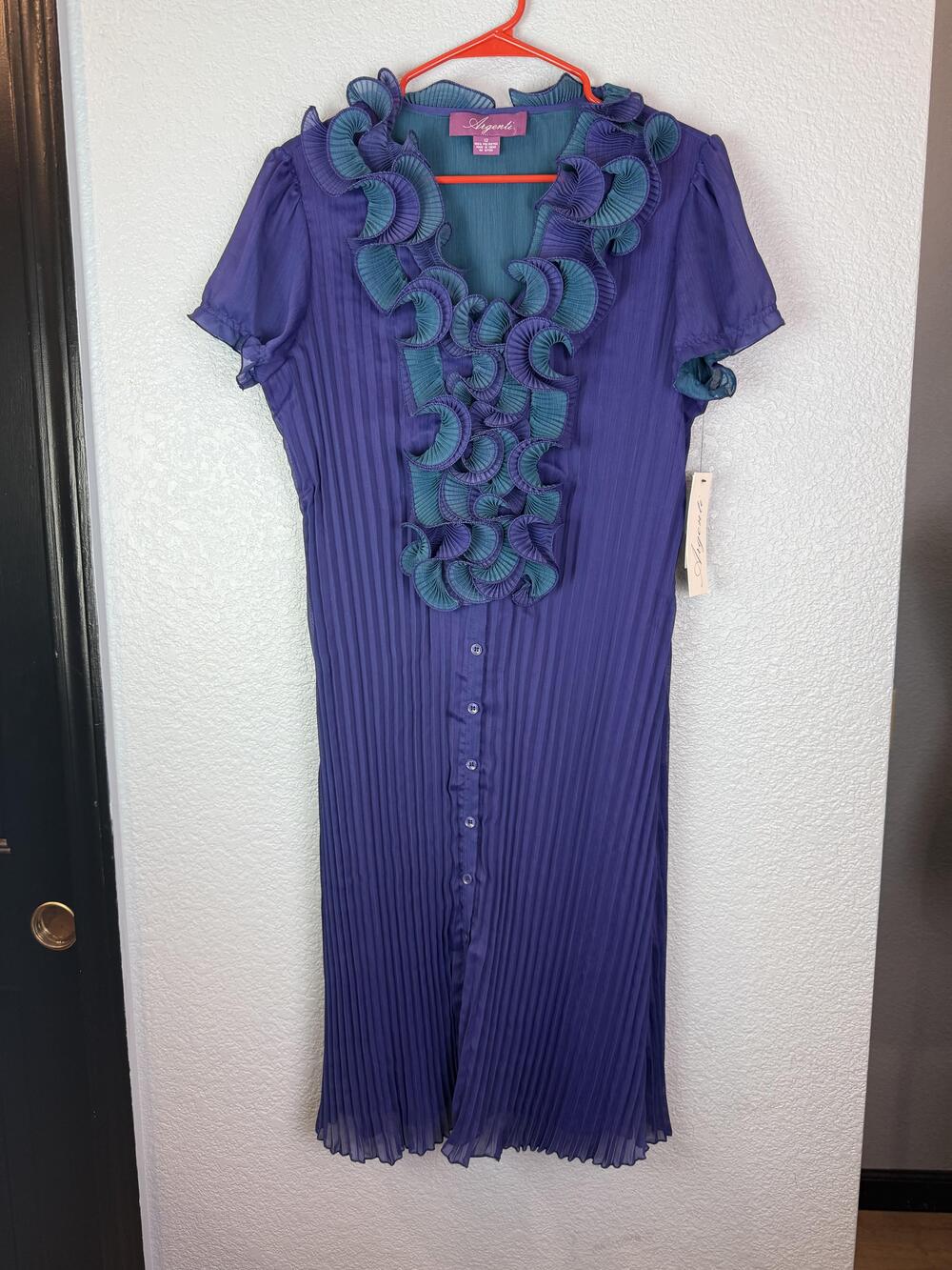 Argenti Dress Womens Size 12 Purple Pleated Ruffle Button Short Sleeve Formal